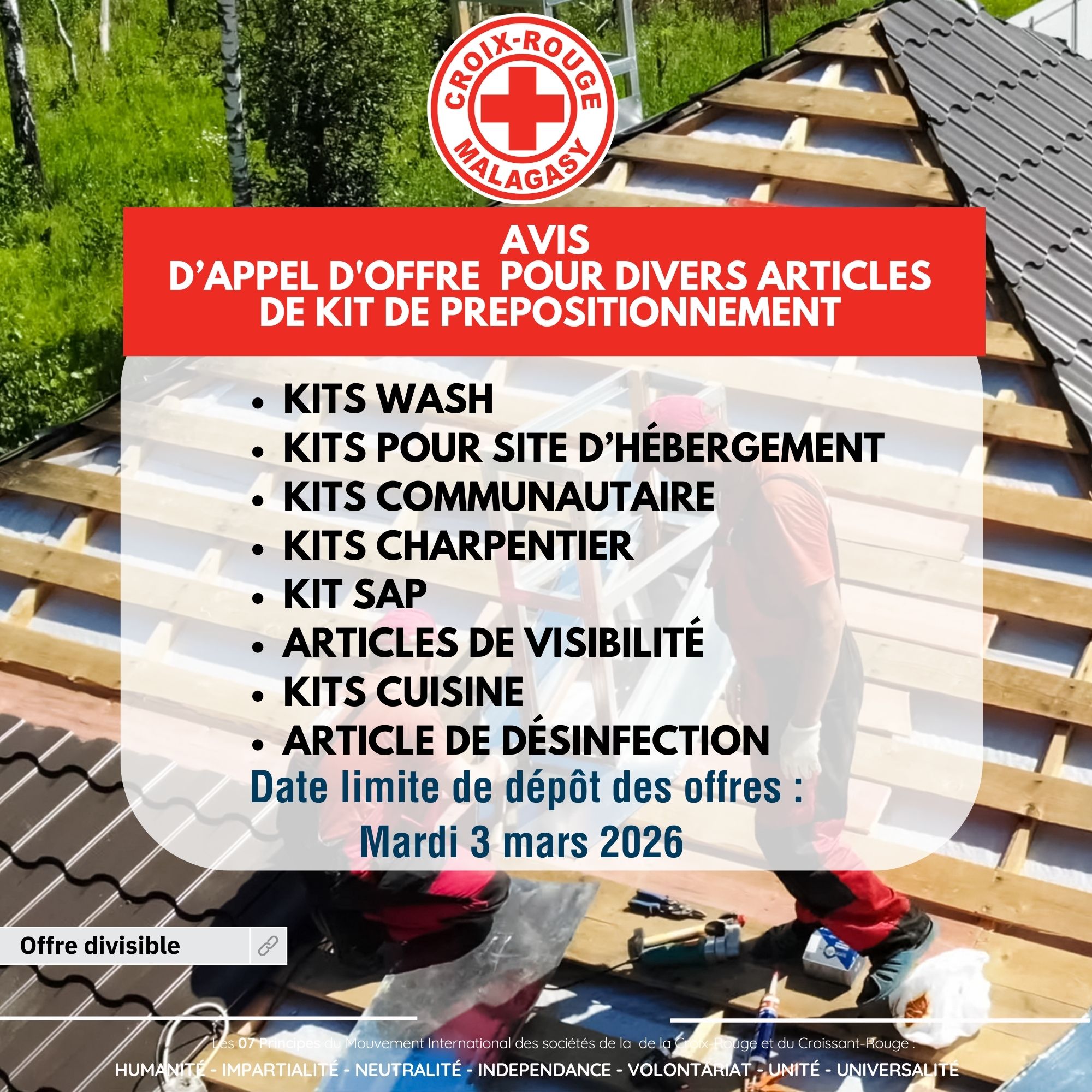 APPEL D’OFFRES POUR DIVERS ARTICLES DE KIT DE PREPOSITIONNEMENT